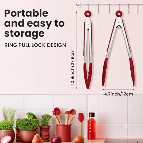 Image of Premium Steel and Siliconel Heat Resistant Kitchen Tongs for Cooking | Non Scratch Silicone Tip for Pans,Air Fryer,Barbeque, Serving | 10 inch - 230C Heat-Resistant (Red) (Pack of 01)