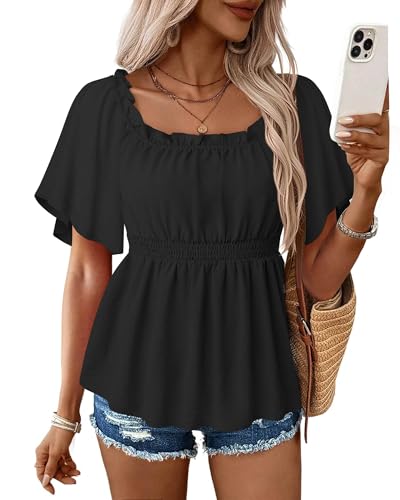 Bebonnie Women's Summer Off The Shoulder Short Sleeve Chiffon Blouse Ruffle Hem Tops2