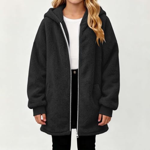 Girls Fleece Jacket with Hood Zip Up Long Winter Coat with Pockets Fall - image 3