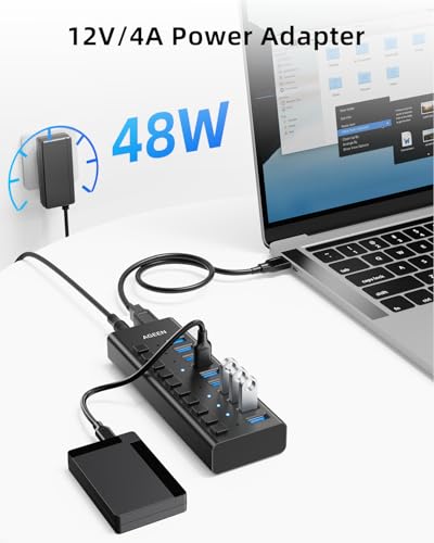 Image of AGEEN 10-Port USB 3.2 Gen 2 Hub, 10Gbps High-Speed Aluminum Powered Hub with 48W Adapter, Individual Switches & Surge Protection for PC /Laptop, Flash Drive, Printer, Camera