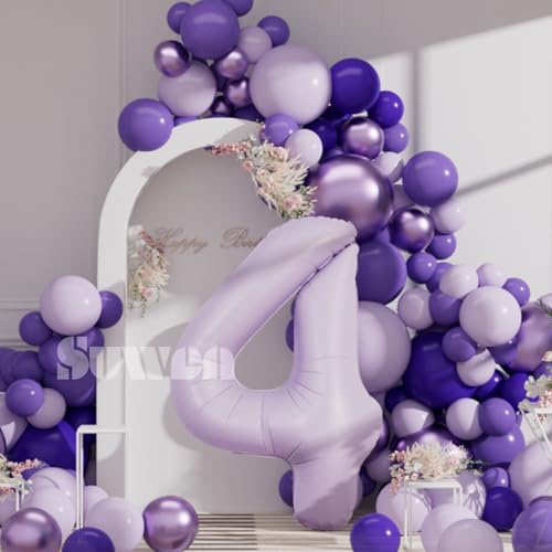 Image of SUWEN 40 Inch Light Purple Large 4 Balloon Number Big Foil Helium Lavender Number Balloons Huge Mylar 0-9 Giant Jumbo Happy 4th Birthday Party Anniversary Decorations