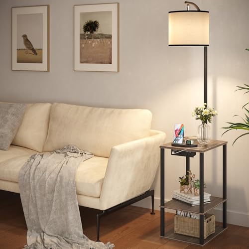 Image of SUNMORY Floor Lamp with Table, End Table for Living Room with Lamp, Shelves Side Table with Charging Station(USB & AC Port), 3 Color Temperature LED Bulb, Modern Nightstand Lamp for Bedroom, Office