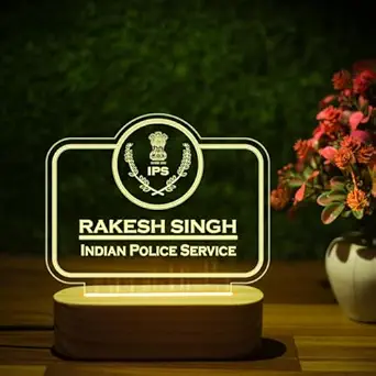 Giftkidukan Personalized IPS Indian Police Service Acrylic Desk Table Lamp Gift for IPS Aspirants Birthday Gift Soft Warm Yellow Light IPS Desk Table Light