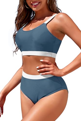 Image of Womens High Waisted Bikini Sets Sporty Crop Top Color Block Swimwear Bandeau Scoop Neck Vintage Two Piece Bathing Suits