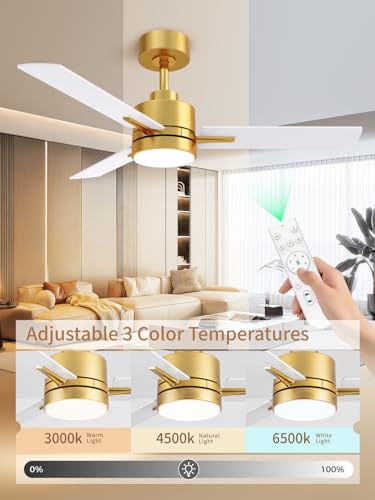 Image of LANMEL 42'' Ceiling Fan with Lights and Remote, Low Profile Modern Ceiling Fan Gold, 6 Speed, Reversible, 3000k-6000k LED, Quiet DC Motor for Indoor Outdoor Bedroom Living Room