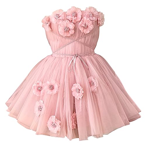 Strapless Tulle Short Homecoming Dresses for Teens Flowers A Line Cocktail Party Gowns