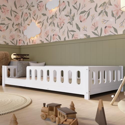 Crazy Pine Lit Montessori au Sol Blanc 160x80 cm avec Barrière en MDF - Sécurisé pour Tout-Petit avec Bords Arrondis - Entrée à Gauche - Montage Facile - Crazy Ethan