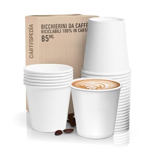 CARTOSPEDÌA – 1000 Bicchierini Caffè Carta, 75 ml, Bicchieri Caffe Monouso Biodegradabili per Espresso, Accessori Caffe indispensabili, Espresso Cup Made in Italy 100%, Total White