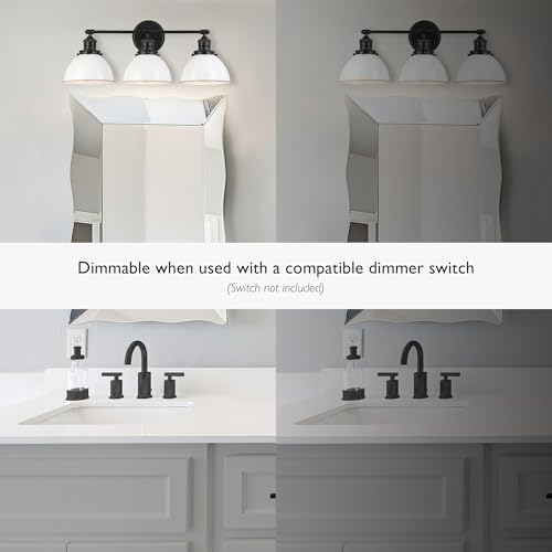 Image of Design House Savannah Rustic Farmhouse 3-Light Bathroom Vanity Light, Dimmable, Matte Black, White Metal Shade, 26 in x 9 in x 10.88 in, 588301