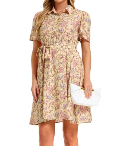Image of Women Long Sleeve Spring Button Down A-Line Floral Print Summer Cocktail Shirt Dresses with Belt