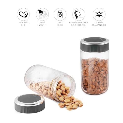 Image of CELLO Mint Storage Canister For Kitchen Set of 2, (1000 ml x 2), Grey | Food Grade, Stackable, See Through |Nestable Storage Pet Container with Lid for Food, Pulses, Spice, Cereals, Cookies,Dry Food