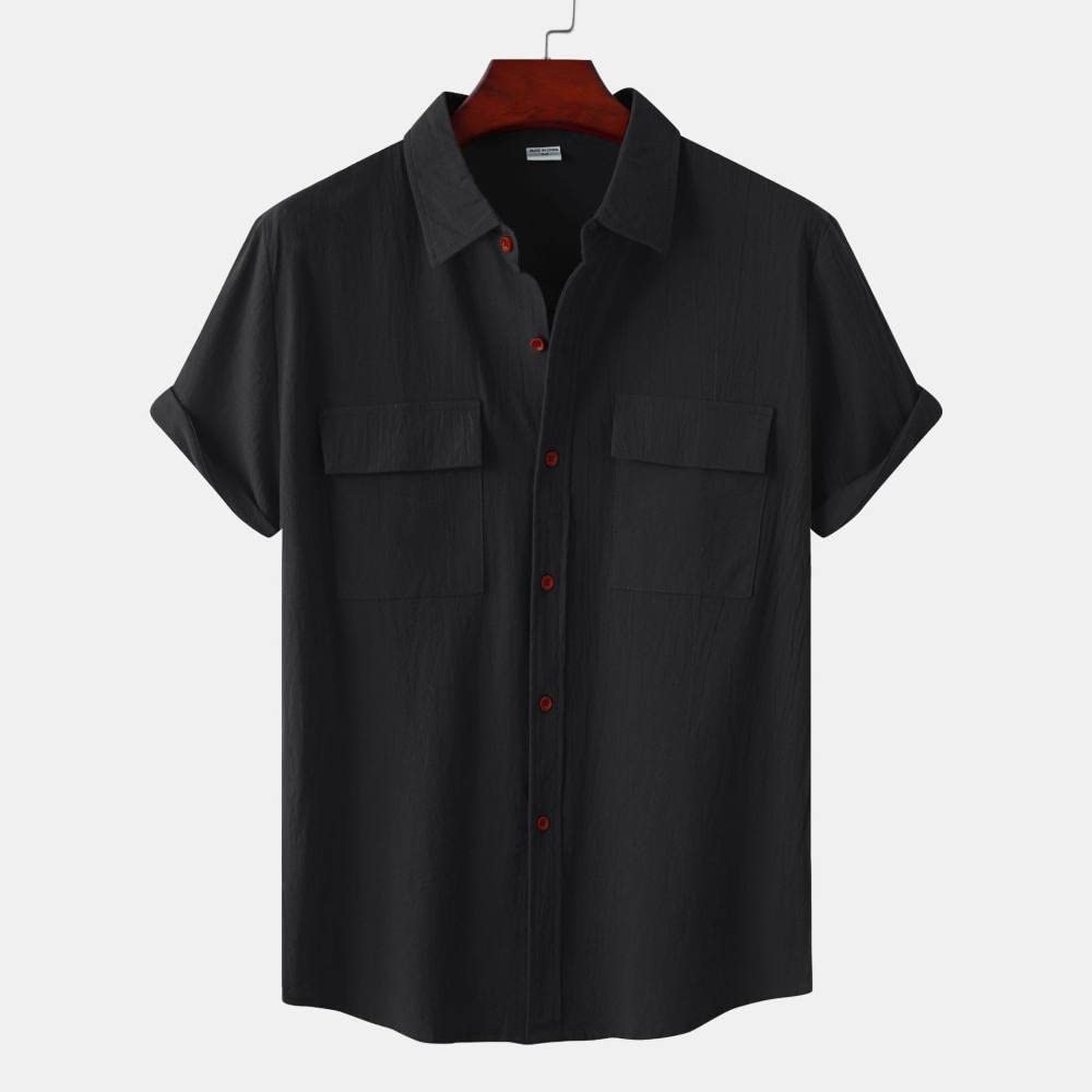 Camicia Hawaiana da Uomo, Camicia Hawaiana da Uomo a Maniche Corte con Bottoni Hawaiani Camicia Hawaiana in Lino e Cotone Nero Top Casual Camicia da Spiaggia a Maniche Corte ad Asciugatura Rapida per