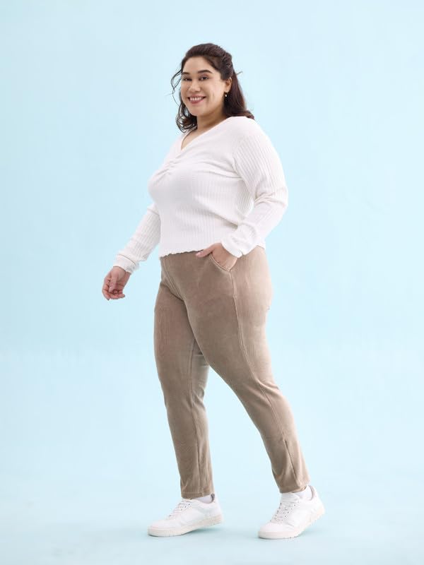 Image of GO COLORS Solid Corduroy Treggings for Women | Warmtech, Mid Rise, Side Pocket