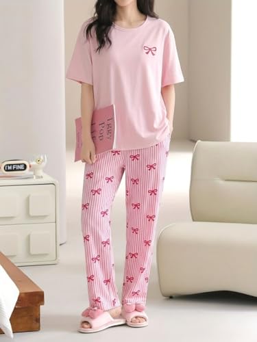 Image of SHIENZY Women Korean Style Night Suit | Round Neck Short Sleeve Cute Printed Cotton Pajama Set for Girls & Women | Soft Nightwear, Loungewear, Sleepwear for Women | Full Pyjama Set | Co-ord Set