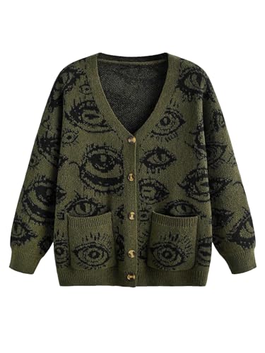 SHENHE Women's Oversized Graphic Button Down V Neck Drop Shoulder Long Sleeve Cardigan
