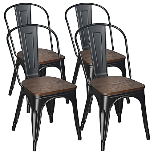 Metal Dining Chairs Stacking Metal Farmhouse Chairs with Rubber Feet Wood Seat Kitchen Chairs Trattoria Chairs for Restaurant Bistro Cafe Industrial/Vintage/Rustic Matte Black Set of 4