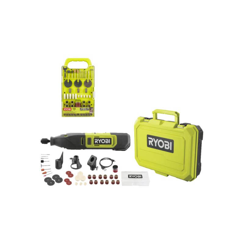 Pack RYOBI - Mini-outil multifonction RRT12-120BA3/35-12V - 1 Batterie 2.0Ah - 1 Câble USB C - 35 Accessoires - Kit de 155 accessoires - RAKRT155