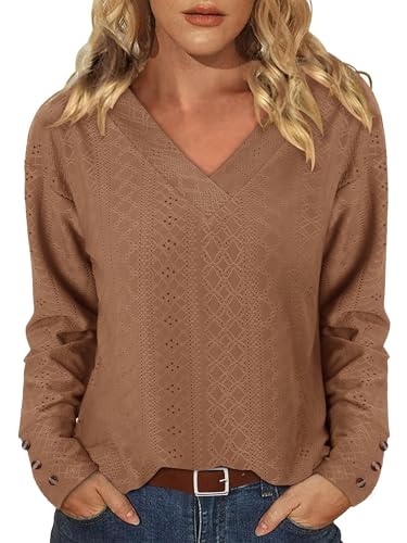 KISSMODA Long Sleeve Fall Shirts For Women V Neck Tunic Tops Embroidered Button Down Knitted Blouses 2025