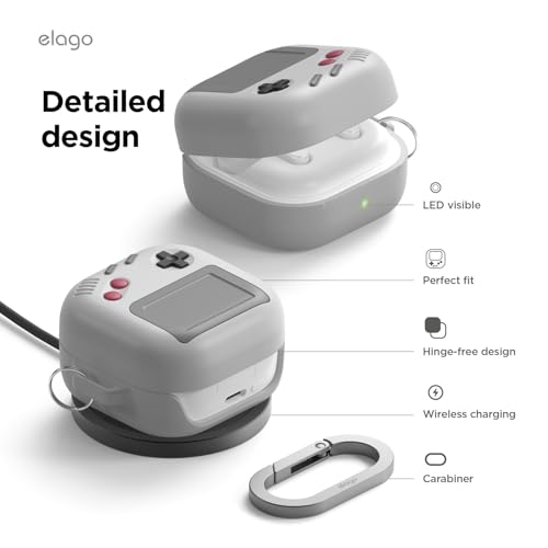 Image of elago AW5 Compatible with Samsung Galaxy Buds 4 Pro Case & Galaxy Buds 4 Case, Classic Game Player Design Cover with Carabiner, Full Protection, Headphone Accessories, for Men, Women (Light Grey)