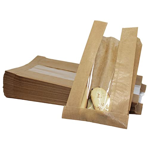 Bakery Bag with Window For Cookies or Pastries - 8.7 x 4.7 x 2 inches Brown Kraft Paper Bags - Pastry Bags - Bagel Bags - Sandwich Bags - Trail Mix Bags (1000)