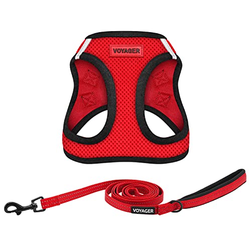Image of Voyager Step-in Air All Weather Mesh Harness and Reflective 5 ft Dog Leash with Neoprene Handle for Small, Medium and Large Breed Puppies by Best Pet Supplies - Red Base, XS