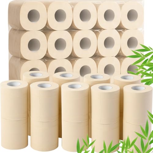 Feifeiya Bamboo Toilet Paper, 4 Ply 60 Rolls, Unbleached, Strong & Soft Toilet Tissue Bulk, Chemical Free Bathroom Tissue Rolls