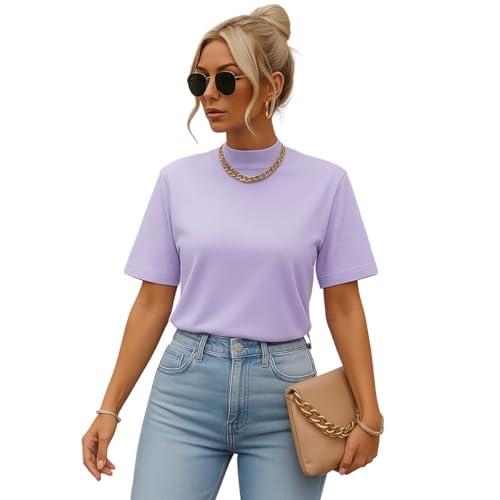 T-shirt Camiseta Básica Feminina Gola Alta, 100% Algodão, Manga Oversized (BR, Alfa, P, Regular, Lilás)