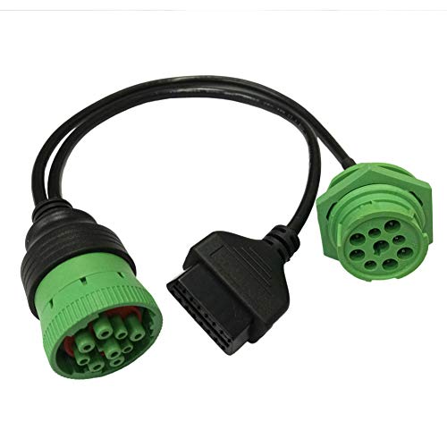 J1939 9 Pin to OBD2 Cable Male to Female Extension Cable with Jam Nut Receptacle Type2 Green Interface Truck Y-Cable Adapter OBDII Y Splitter Truck GPS 16Pin Male to Female SAE J1939 (Green - Type2)