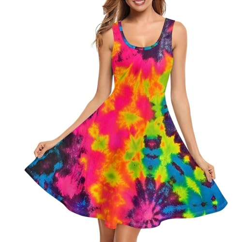 Image of TOADDITDO Women's Sleeveless O Neck Beach A-Line Party Coctail Tank Dresses Flared Sundress