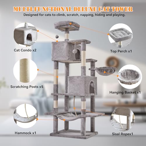 Image of Sweetcrispy 66 Inch Cat Tree Tower, Multi Level Cat Climbing Tower with Natural Sisal Scratching Posts, Hammock, Pet Condo for Indoor Cats and Kittens Play, Grey