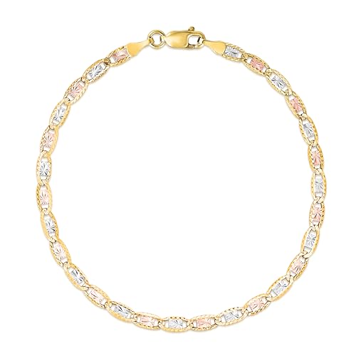 Floreo 10k Tri-Color Gold 2.5mm Valentino Link Chain Bracelet or Anklet