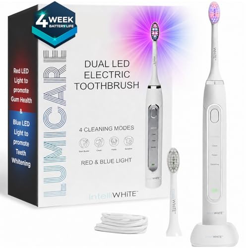 LUMICARE Dual LED Electric Toothbrush Rechargeable Electric Toothbrush with Red & Blue LED Light Brush Head 4 Cleaning Modes 30-Second Interval Timer Includes 1 Extra Brush Heads & Charging Base