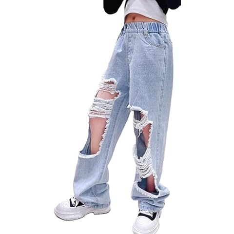 Happy Cherry Kids Girls' Casual Wide Leg Baggy Ripped Jeans Cool Loose Fit Distressed Denim Pants Straight Led Relaxed Fit Destroyed Distressed Cutout Pants Cover