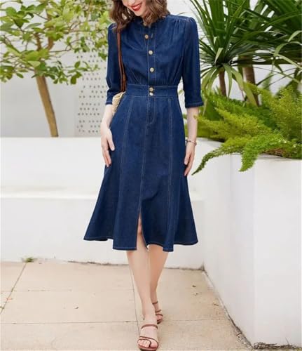 Womens Retro Style Casual Denim Dress Round Neck Three Quarter Sleeve Slim Fit A Line Fishtail Dress3