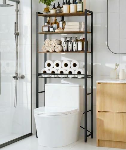 4-Tier Over-the-Toilet Storage Rack with One-Piece Wooden Shelves &...