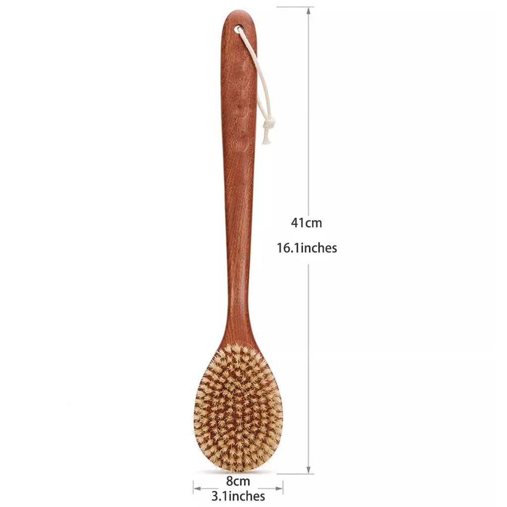 Cepillo De Baño De Ébano con Mango Largo Antideslizante, Cepillo De Espalda De Cerdas Naturales con Cuerda para Colgar, Exfoliación/Masaje, Uso En Seco Y Húmedo(41 * 8cm*1pcs)