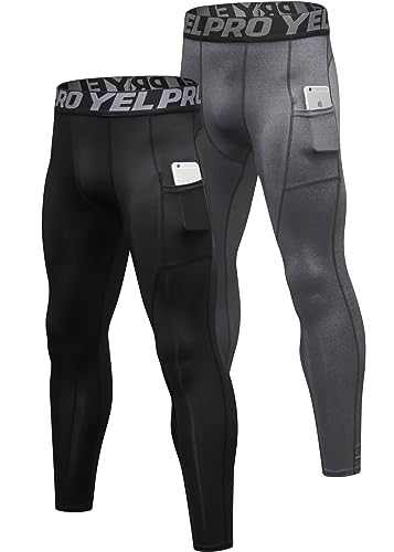 Queerier メンズコンプレッションパンツ アスレチックレギンス ポケット付き ランニング ベースレイヤー タイツ サイクリング ワークアウトパンツ 3枚パック, 2パック、ブラック+グレー, X-Large（Amazon）