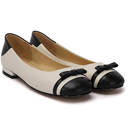SHODENSE Women Cap Toe Flats Bow Two Tone Comfortable Slip On Ballet Flat Shoes Square Toe Flat Heeled Dress Shoes Ladies Matte Patchwork Leisure Street Concise Vintage Adorable 4-11 M US 5