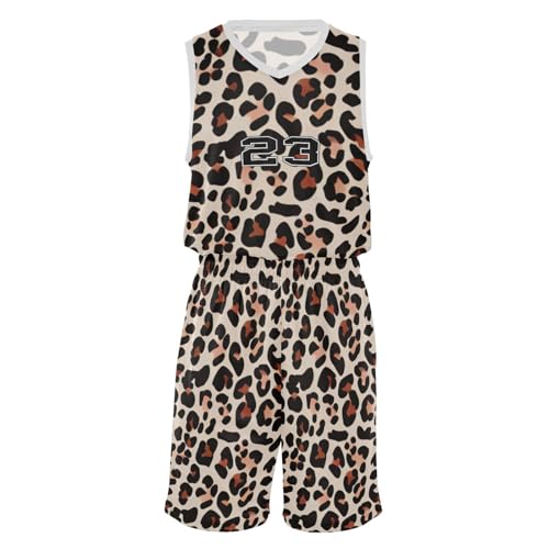 FLildon Classic Leopard Print Boys Basketball Jersey Set Tank Top Shorts Tracksuit Sport Training Suit for Kids, XXL
