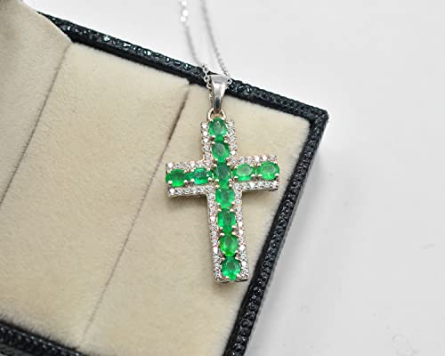 Natural 4X3 MM Oval Cut Zambian Emerald Gemstone 925 Sterling Silver Unisex Holy Cross Pendant Necklace Emerald Jewelry Christmas Gifts For Wife (PD-8278)4