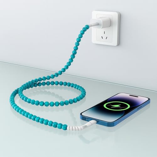 Image of Stylish [Apple MFi Certified] Beaded Phone Charger Cable Metallic Colors USB Cable 2 in1 USB-C Charging Cord for Smartphones 3.3ft (Turquoise)