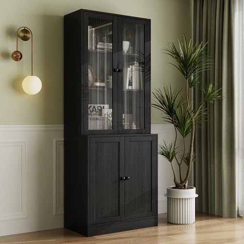 VOWNER 5-stöckiges Bücherregal mit Glastüren, 180 cm Vitrinenschrank, Küchenschränke, Küchenschrank Hochschrank, Buffetschrank für Küche, Wohnzimmer, Esszimmer, A (Schwarz, 1PCS)