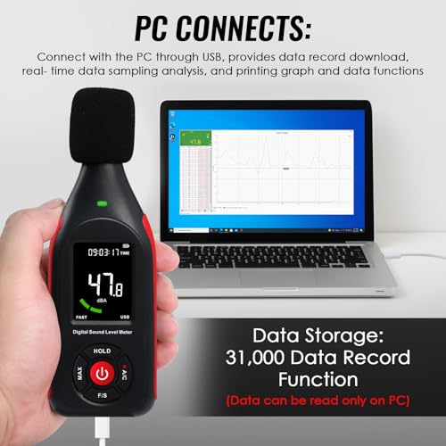 Schallpegelmessgerät, Schallpegelmesser, dB-Messgerät, SPL, Echtzeit-Umgebungsgeräuschmessung, A/C-Frequenz, schnelle / langsame Zeitauswahl, 31.000 Datensätze
