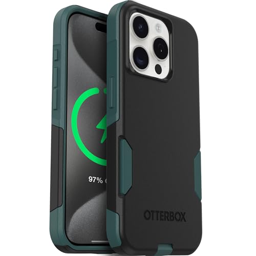 Image of OtterBox iPhone 15 Pro Commuter Series MagSafe Case - Black & Green | 3X MIL Drop Protection - Dual-Layer Shockproof Design - Pocket-Friendly - Raised Edges - Port Covers