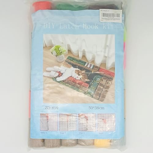 Image of Howie's Latch Hook Kits for Adults, DIY Cat-Book Latch Hook Kit Rug Crochet Yarn, Color Preprinted Pattern Embroidery Decoration(Cat-Book, 19.69 x 14.96 inch)