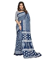 Jaanvi fashion Handicrafts Damen Ikat Hand Block Print Jaipuri Baumwolle Mulmul Sari mit ungesäumtem Blusenteil (Aayat-blue-re), indigoblau, One size