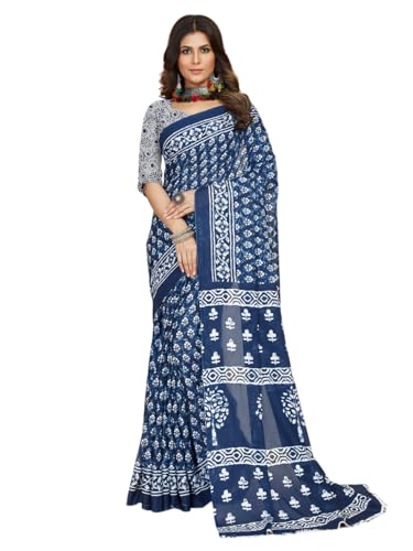 Jaanvi fashion Handicrafts Damen Ikat Hand Block Print Jaipuri Baumwolle Mulmul Sari mit ungesäumtem Blusenteil (Aayat-blue-re), indigoblau, One size