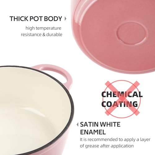 Image of 3 Quart Dutch Oven Enameled Cast Iron with Lid - Big Dual Handles - Oven Safe up to 500F - Classic Round Pot for Versatile Cooking Pink