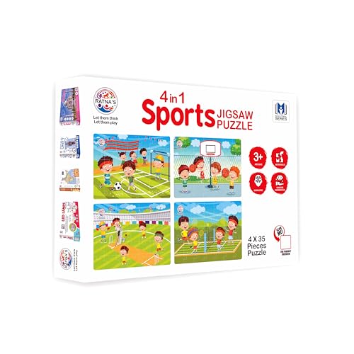 Image of Ratna's Original 4 in 1 Sports Jigsaw Puzzle for Kids - Set of 4, 35-Piece Puzzles for Games Like Cricket, Football, Basketball & Tennis | Educational Toy | Puzzle Guide Included | Ages 3 and Up