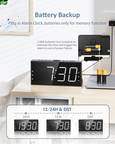 Loud Alarm Clock with Bed Shaker for Heavy Sleeper, Dual Vibrating Alarm Clock with USB Charger for Hard of Hearing/Deaf, 7.5’’ Large LED Display with Dimmer, Snooze, 12/24H & Battery Backup